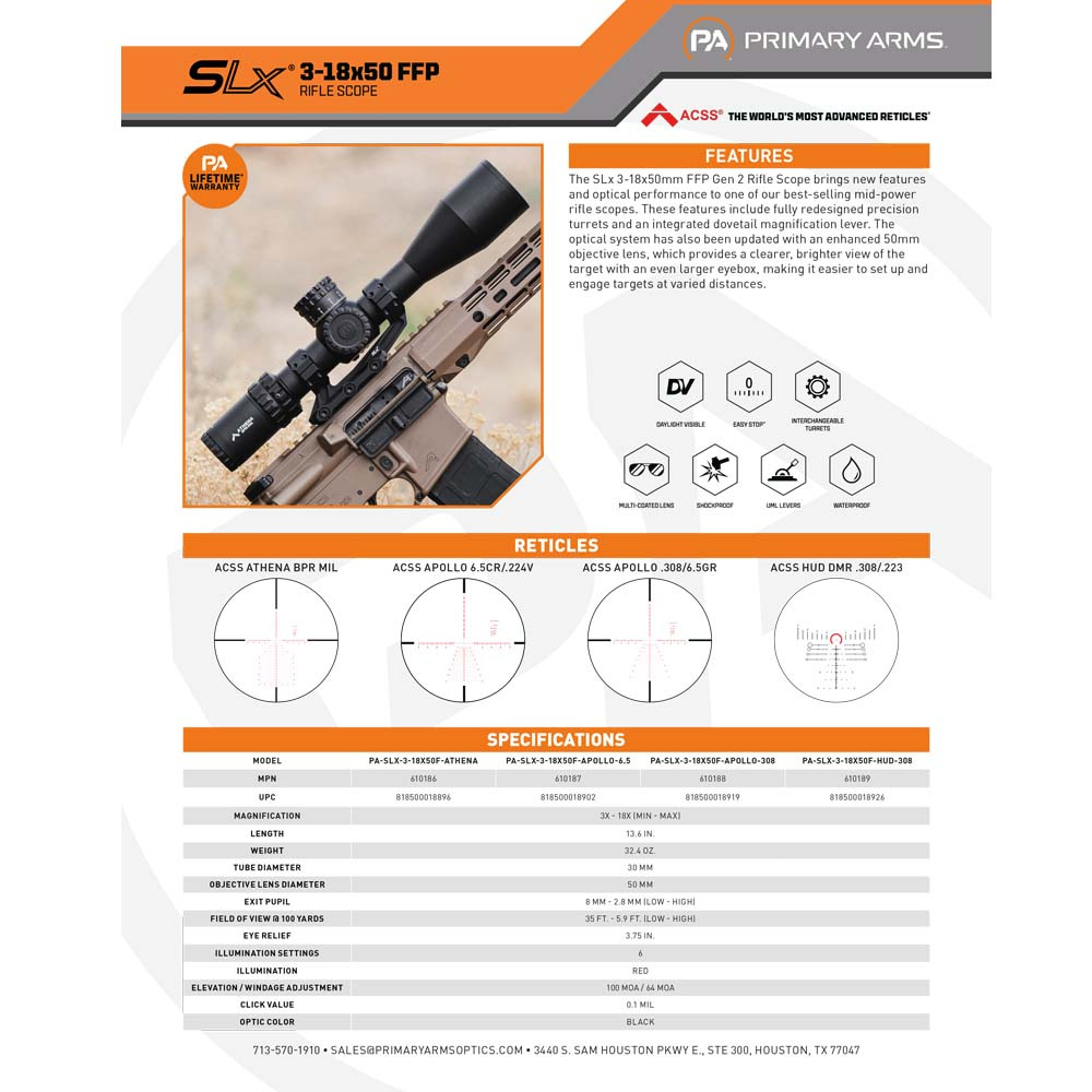PRIMARY ARMS | SLx | 3-18X50 | FFP | GEN II | BLACK